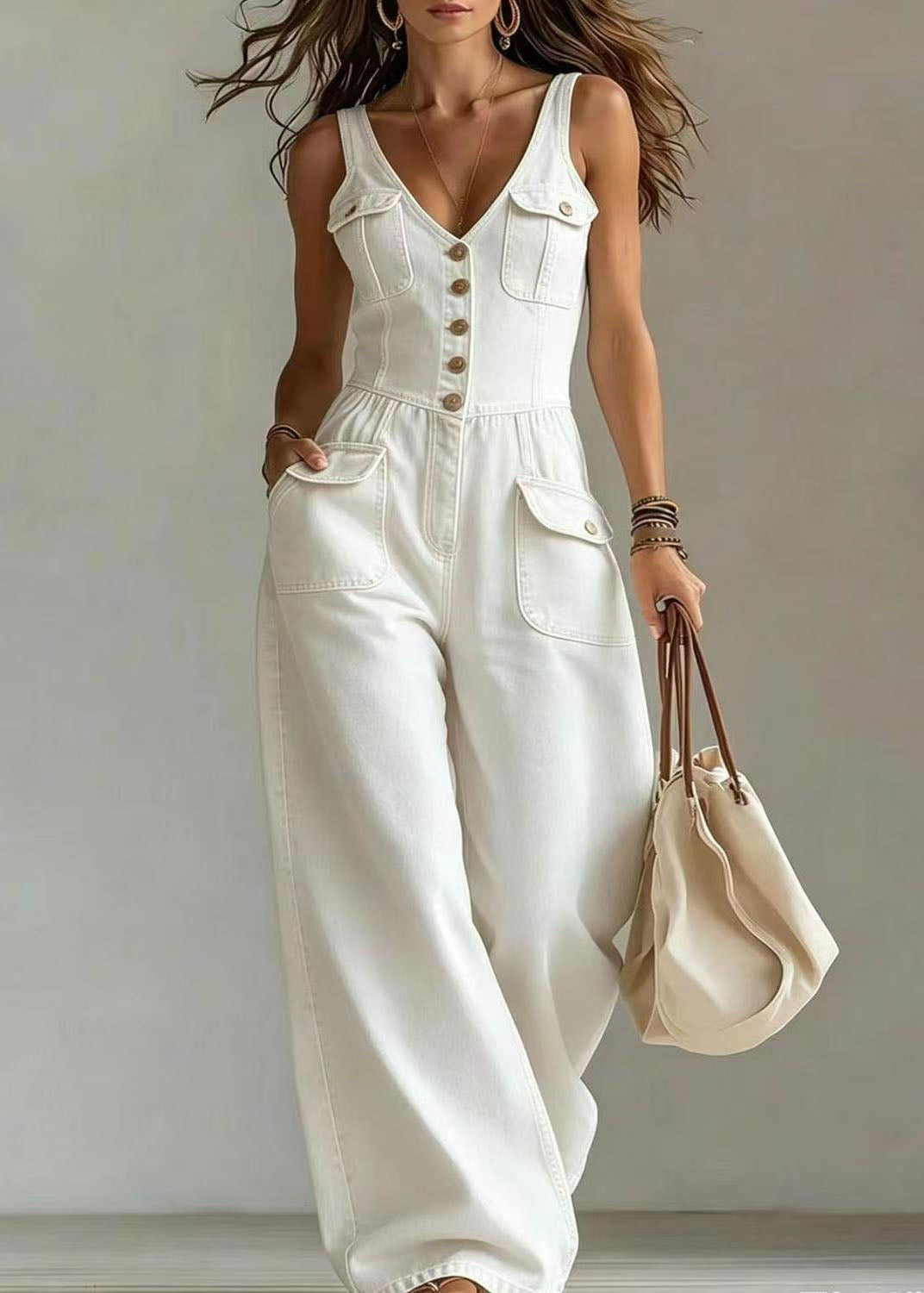 Bohemian Blue Oversized Pockets Denim Straight Pants Jumpsuits Summer