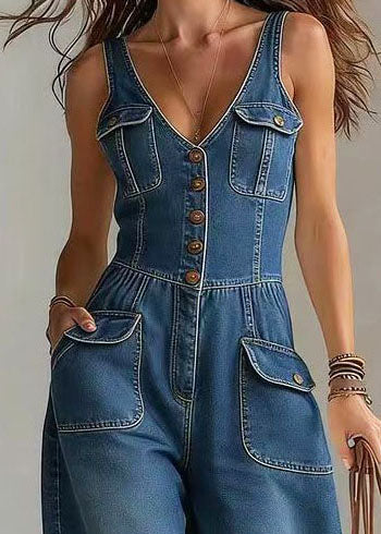 Bohemian Blue Oversized Pockets Denim Straight Pants Jumpsuits Summer
