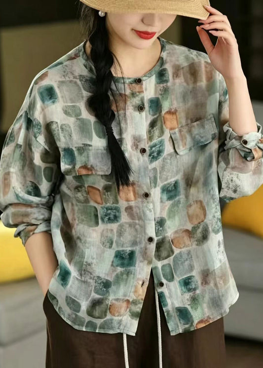 Bohemian Blue Oversized Print Linen Shirts Spring
