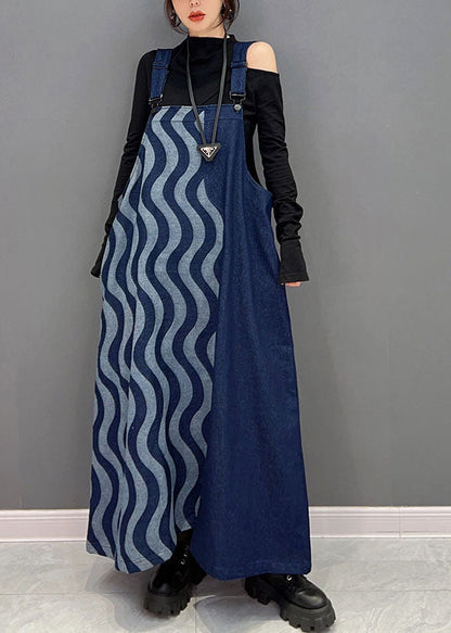 Bohemian Blau Patchwork Baumwolle Denim Strap Kleider Frühling