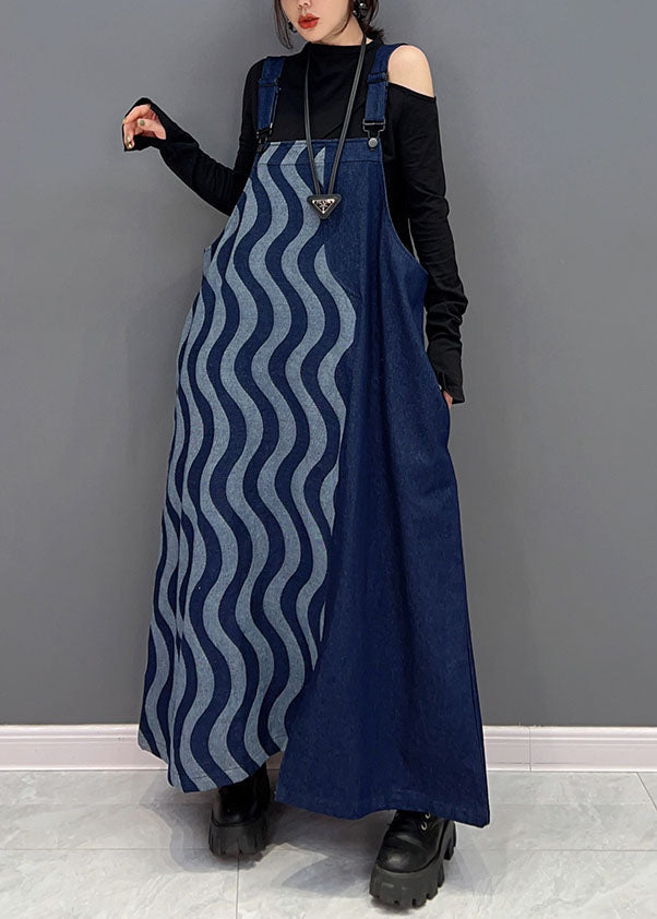 Bohemian Blau Patchwork Baumwolle Denim Strap Kleider Frühling