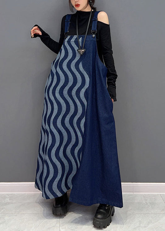 Bohemian Blau Patchwork Baumwolle Denim Strap Kleider Frühling