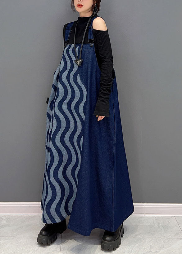 Bohemian Blau Patchwork Baumwolle Denim Strap Kleider Frühling