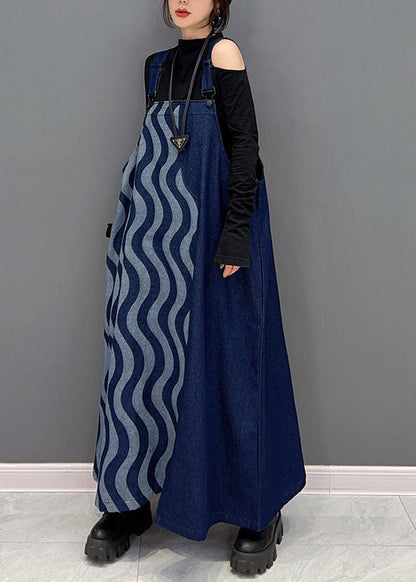 Bohemian Blau Patchwork Baumwolle Denim Strap Kleider Frühling