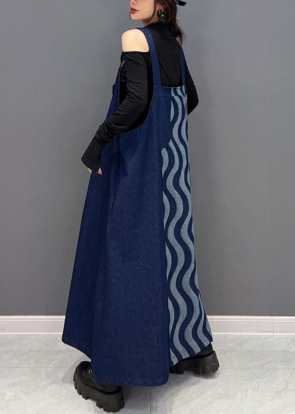 Bohemian Blau Patchwork Baumwolle Denim Strap Kleider Frühling