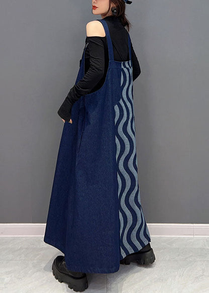 Bohemian Blau Patchwork Baumwolle Denim Strap Kleider Frühling