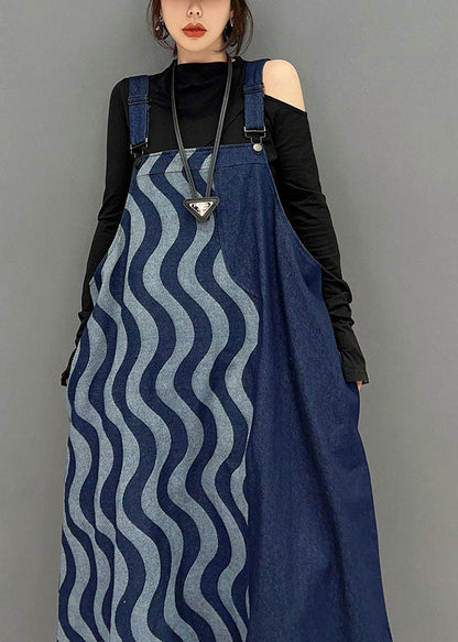 Bohemian Blau Patchwork Baumwolle Denim Strap Kleider Frühling