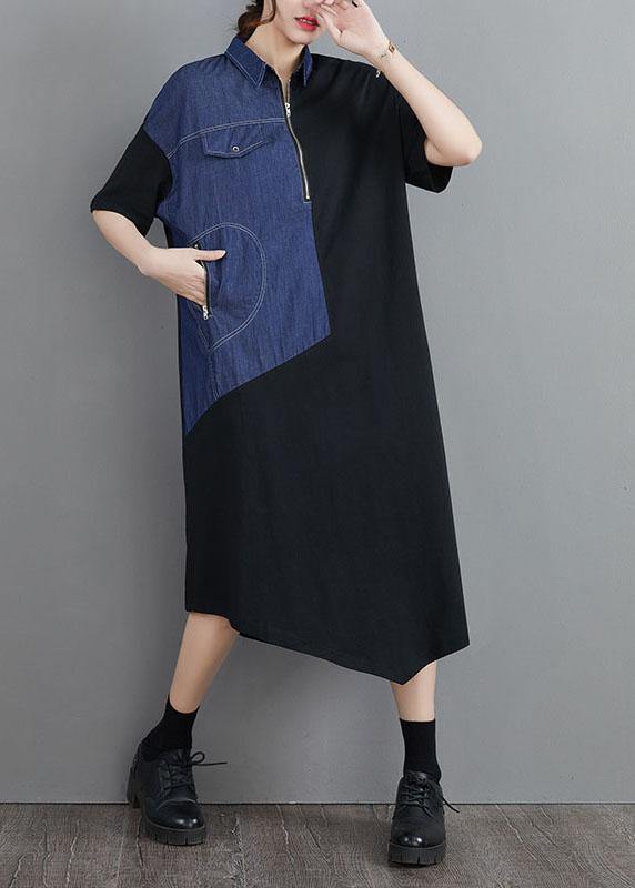 Bohemian Blue Patchwork zippered Maxi Summer Cotton Dress - SooLinen