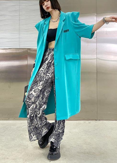 Bohemian Blue Peter Pan Collar Button Pockets Long Shirt Top - SooLinen