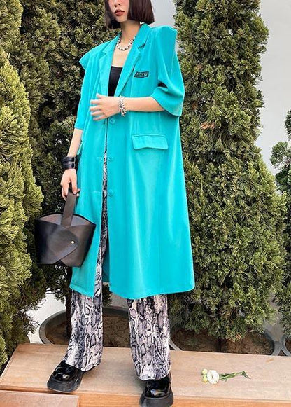 Bohemian Blue Peter Pan Collar Button Pockets Long Shirt Top - SooLinen