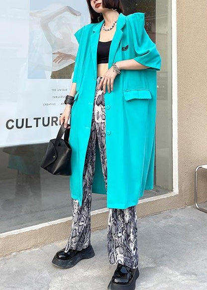 Bohemian Blue Peter Pan Collar Button Pockets Long Shirt Top - SooLinen