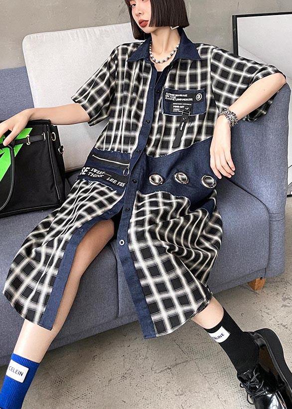 Bohemian Blue Plaid Patchwork Peter Pan Collar Summer Cotton Dress - SooLinen