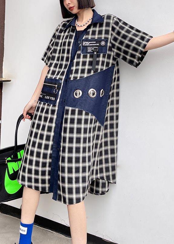 Bohemian Blue Plaid Patchwork Peter Pan Collar Summer Cotton Dress - SooLinen
