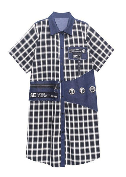 Bohemian Blue Plaid Patchwork Peter Pan Collar Summer Cotton Dress - SooLinen