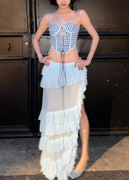 Bohemian Blue Plaid Tank And Ruffled White Skirts Cotton Two Pieces Set Sleeveless