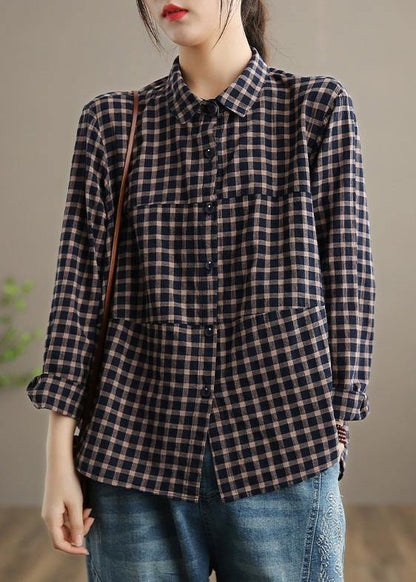 Bohemian Blue Plaid Top Silhouette Lapel Patchwork Short Spring Tops - SooLinen