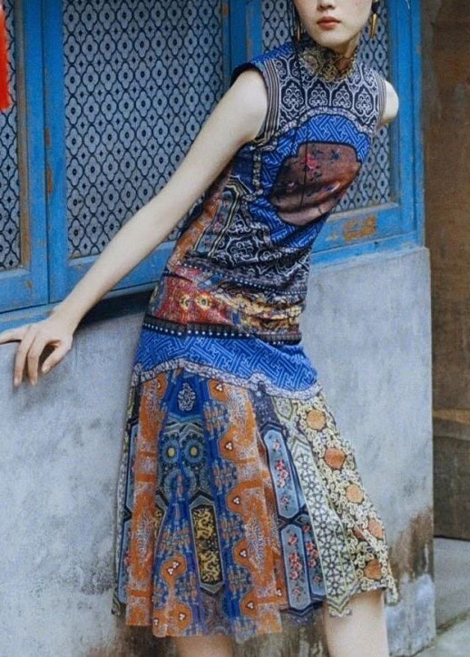 Bohemian Blue Print Patchwork Chiffon Dresses Sleeveless