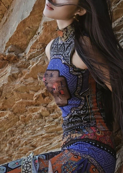 Bohemian Blue Print Patchwork Chiffon Dresses Sleeveless