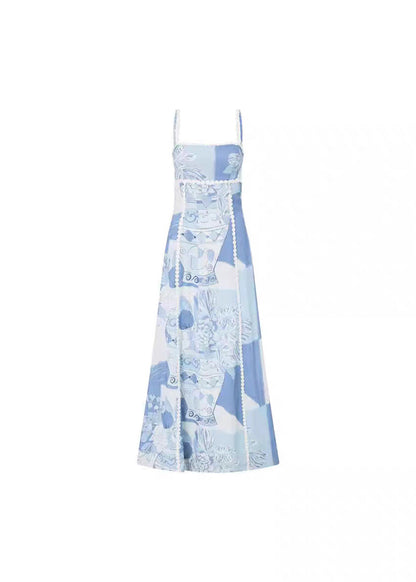 Bohemian Blue Print Patchwork Long Spaghetti Strap Dress Summer