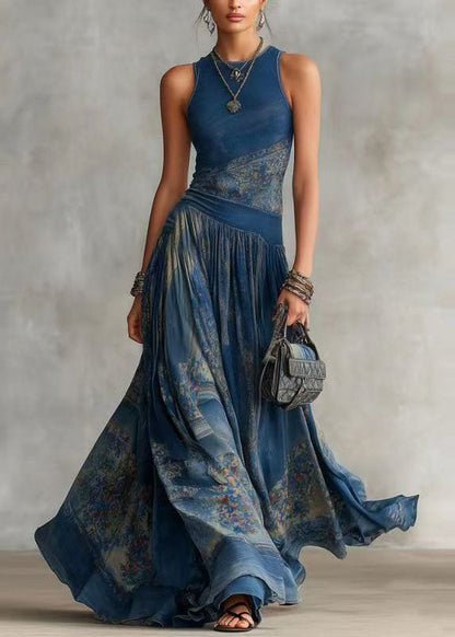 Bohemian Blue Print Wrinkled Exra Large Hem Ankle Dress Sleeveless