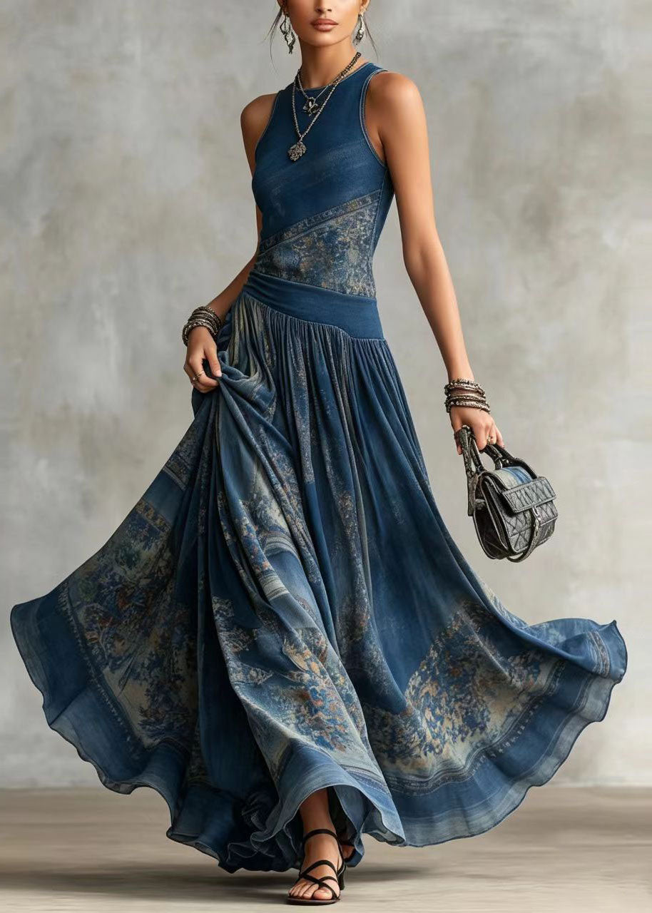 Bohemian Blue Print Wrinkled Exra Large Hem Ankle Dress Sleeveless