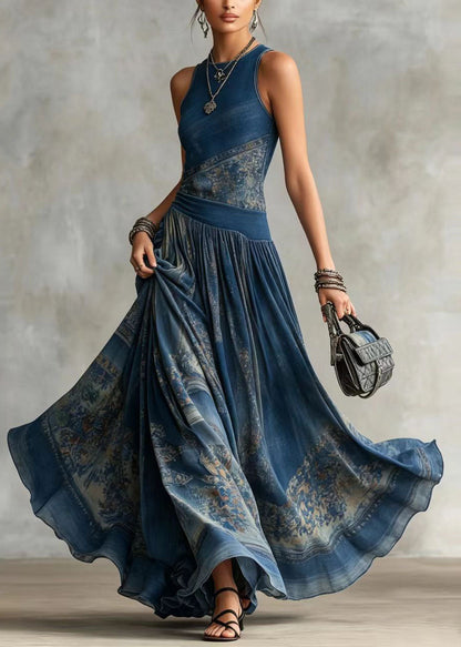 Bohemian Blue Print Wrinkled Exra Large Hem Ankle Dress Sleeveless