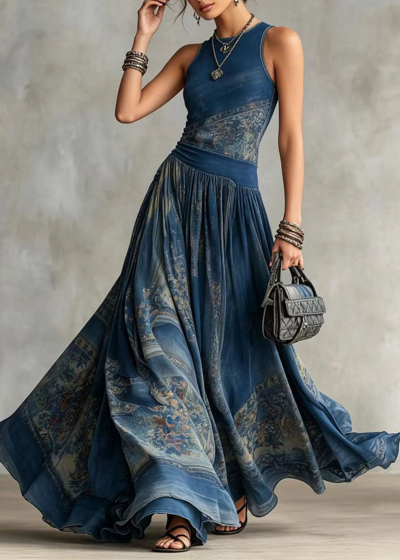 Bohemian Blue Print Wrinkled Exra Large Hem Ankle Dress Sleeveless