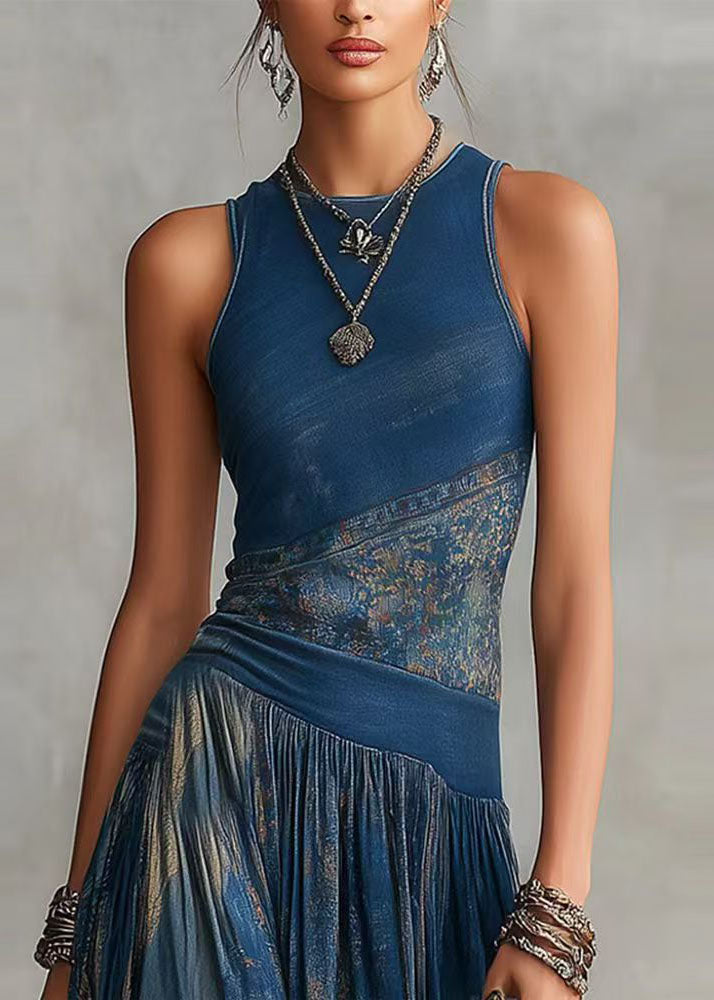 Bohemian Blue Print Wrinkled Exra Large Hem Ankle Dress Sleeveless