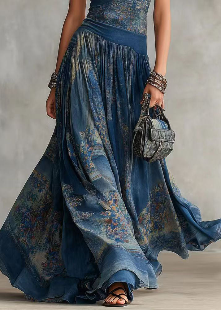 Bohemian Blue Print Wrinkled Exra Large Hem Ankle Dress Sleeveless
