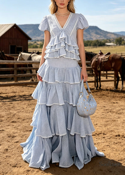 Bohemian Blue Ruffled Plaid Cotton Two Pieces Set Summer