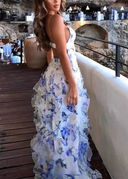 Bohemian Blau Rüschen Print Tüll Spaghettiträger Kleid Ärmellos
