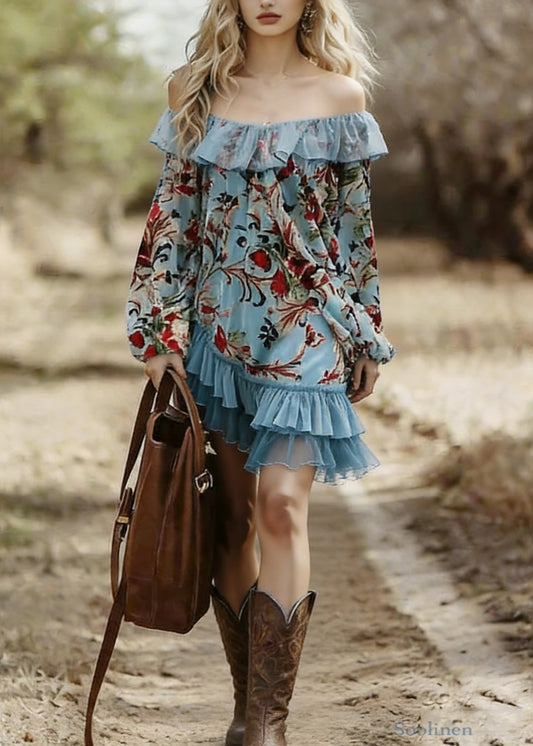 Bohemian Blue Slash Neck Print Wrinkled Patchwork Mid Dress Spring