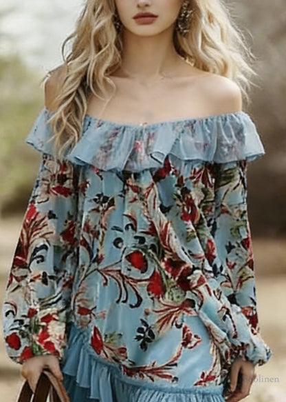 Bohemian Blue Slash Neck Print Wrinkled Patchwork Mid Dress Spring