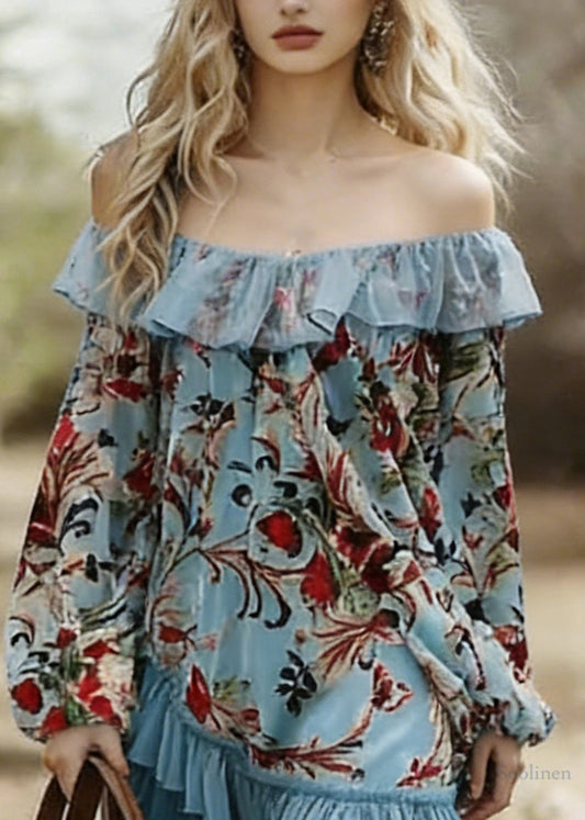 Bohemian Blue Slash Neck Print Wrinkled Patchwork Mid Dress Spring