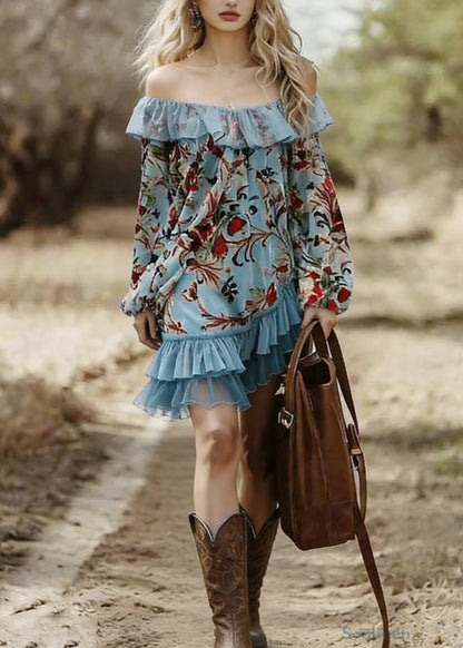 Bohemian Blue Slash Neck Print Wrinkled Patchwork Mid Dress Spring