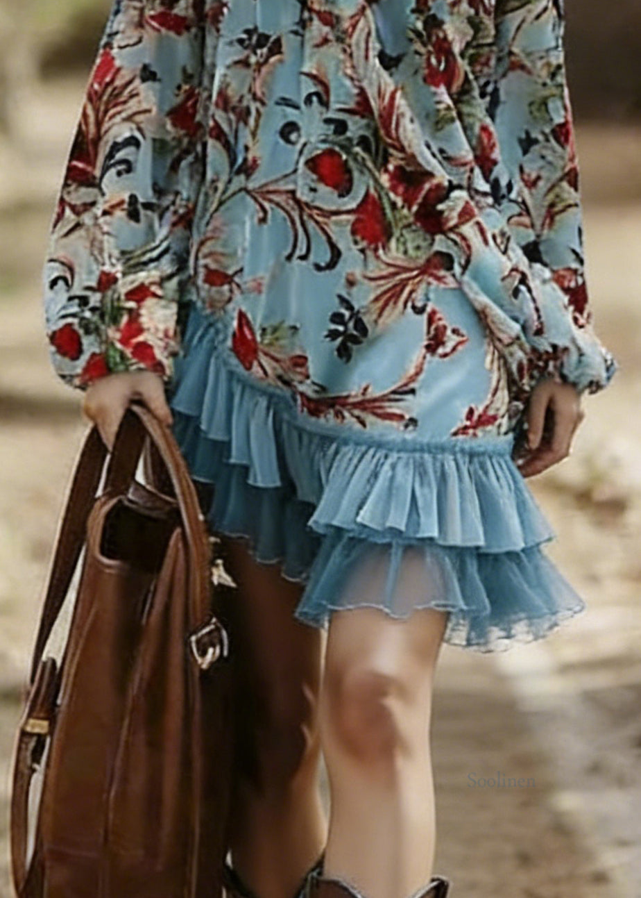 Bohemian Blue Slash Neck Print Wrinkled Patchwork Mid Dress Spring