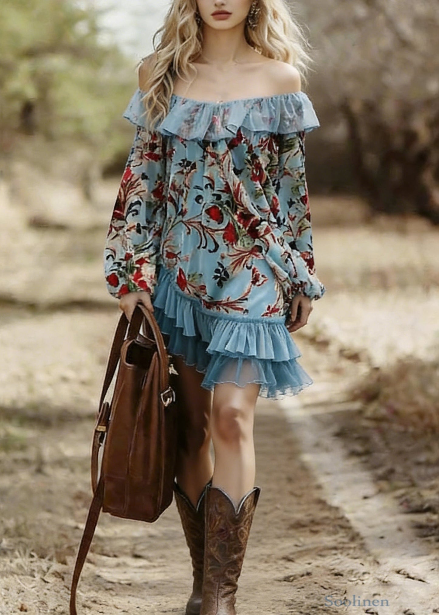 Bohemian Blue Slash Neck Print Wrinkled Patchwork Mid Dress Spring