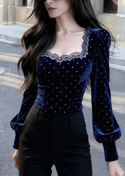 Bohemian Blue Square Collar Lace Patchwork Silk Velour Tops Spring