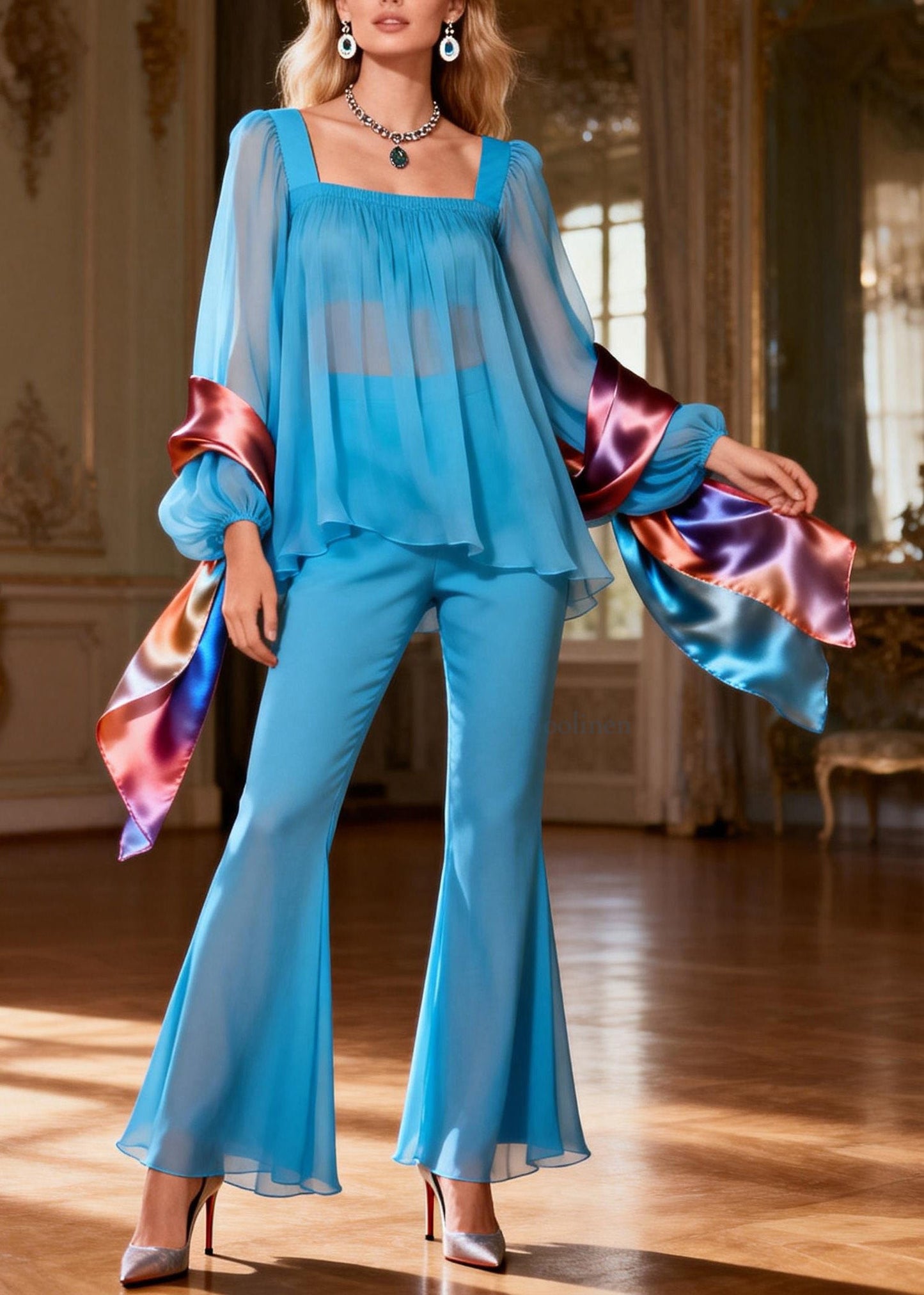 Bohemian Blue Square Collar Patchwork Silk Two Pieces Set Summer