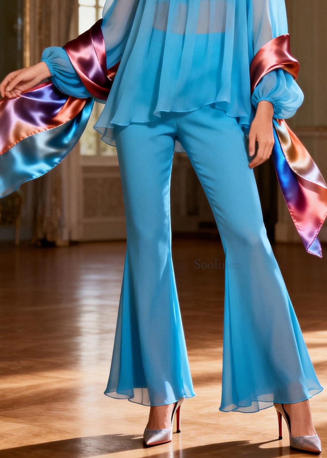 Bohemian Blue Square Collar Patchwork Silk Two Pieces Set Summer