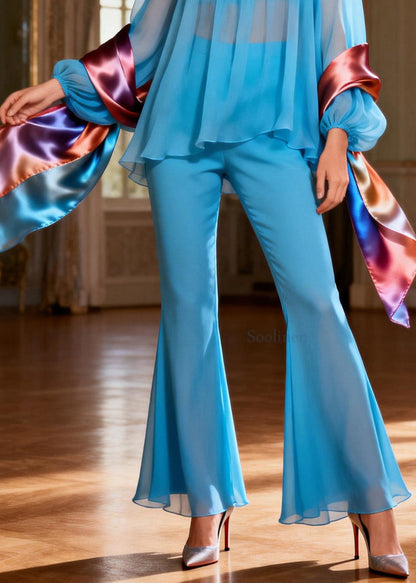 Bohemian Blue Square Collar Patchwork Silk Two Pieces Set Summer