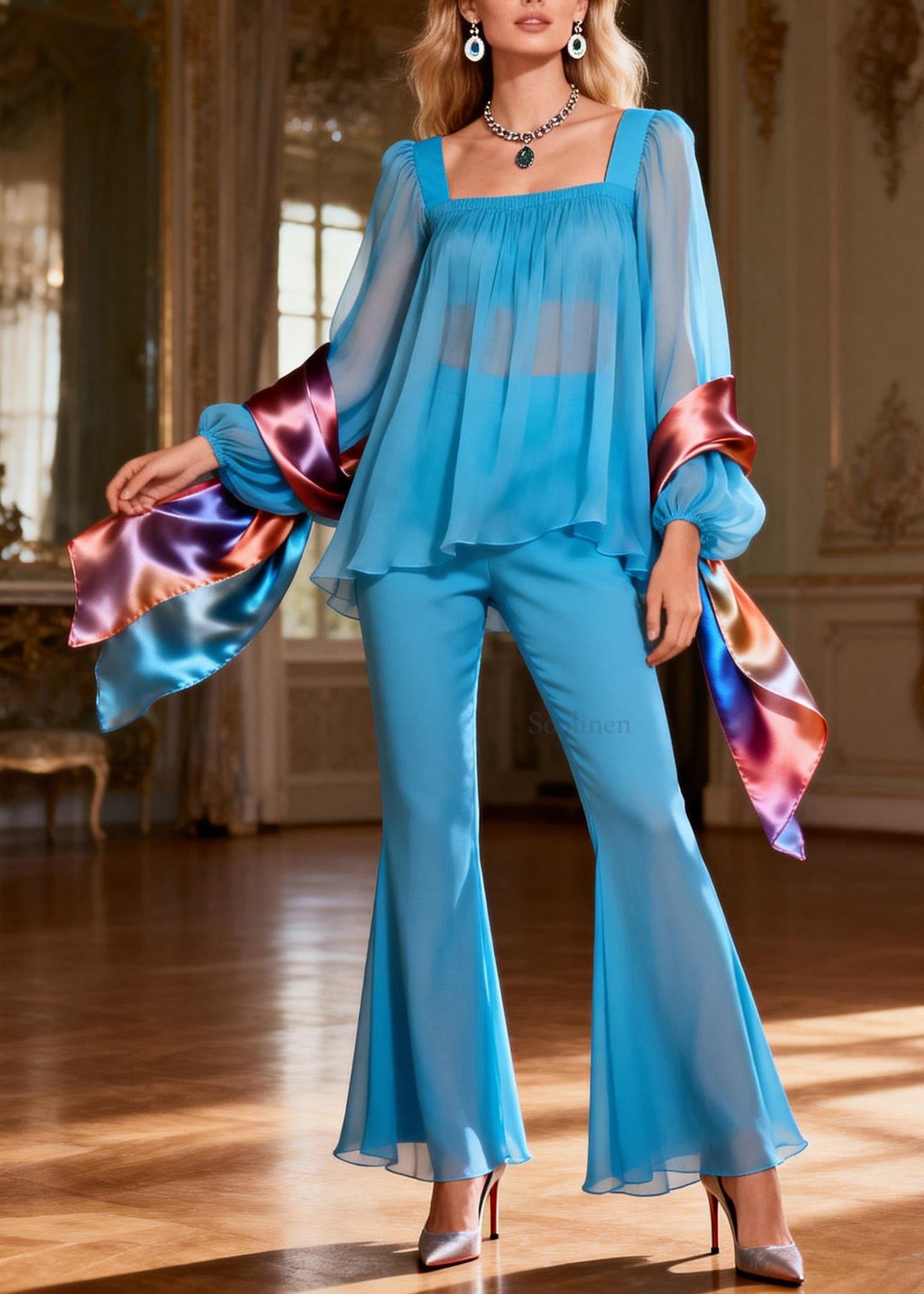 Bohemian Blue Square Collar Patchwork Silk Two Pieces Set Summer