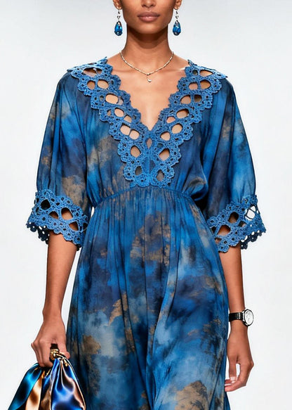 Bohemian Blue Tie Dye Patchwork Chiffon Dress Summer