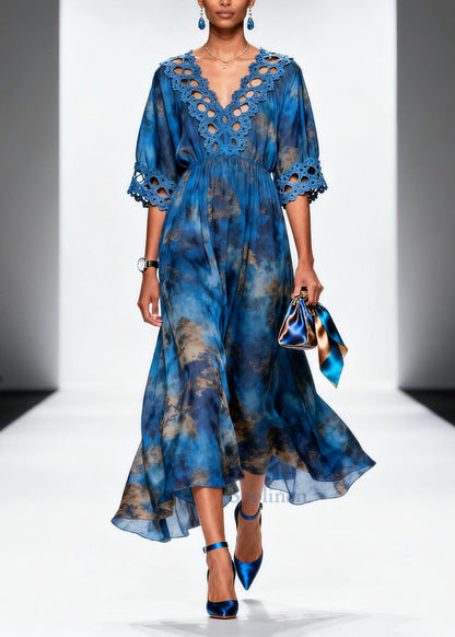 Bohemian Blue Tie Dye Patchwork Chiffon Dress Summer