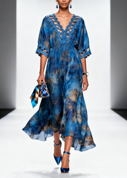 Bohemian Blue Tie Dye Patchwork Chiffon Dress Summer