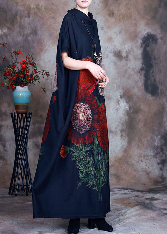 Bohemian Blau Rollkragen Print Velours Robe Kleider Frühling