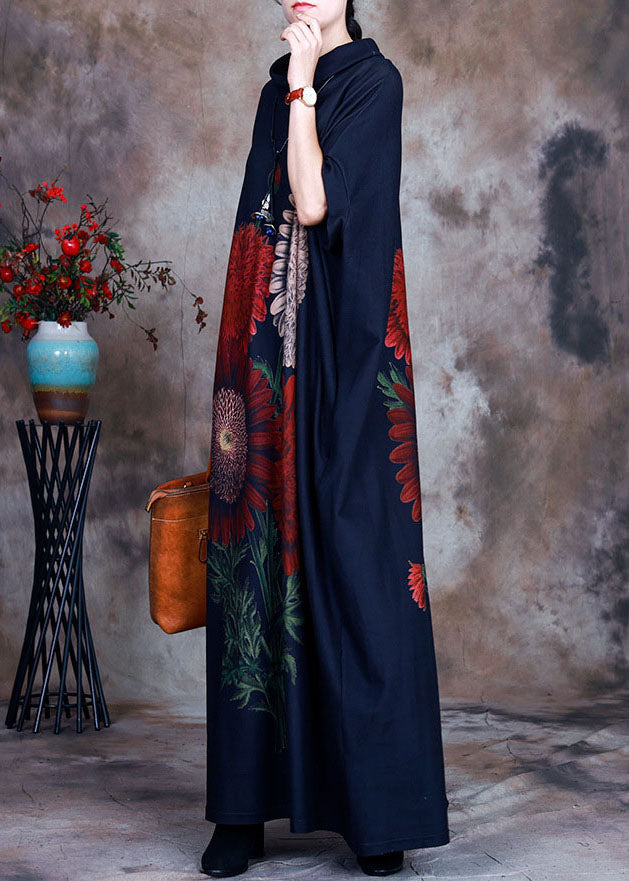 Bohemian Blau Rollkragen Print Velours Robe Kleider Frühling