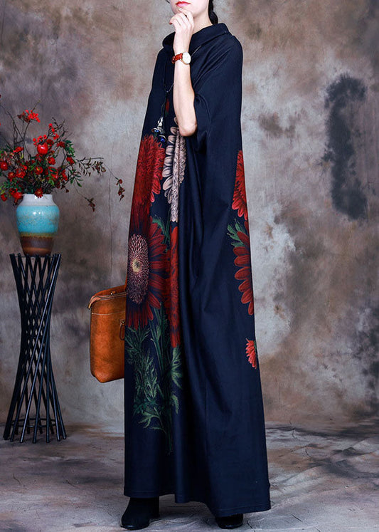 Bohemian Blau Rollkragen Print Velours Robe Kleider Frühling