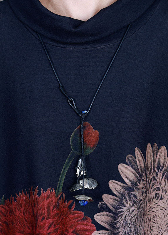 Bohemian Blau Rollkragen Print Velours Robe Kleider Frühling