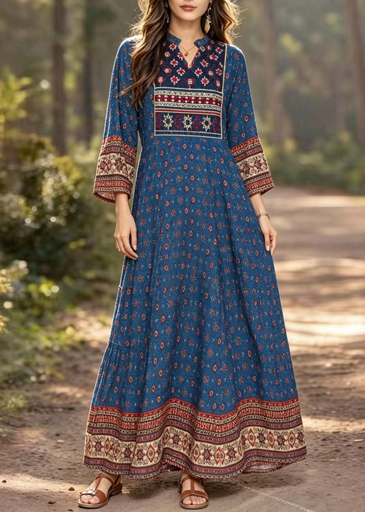 Bohemian Blue V Neck Print Cotton Long Dress Summer